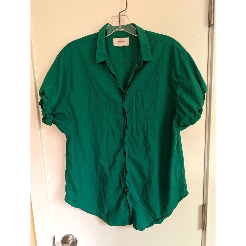 Xirena Channing Shirt XS Green Rolled Cuffs Button Up Cotton Poplin Preppy Work